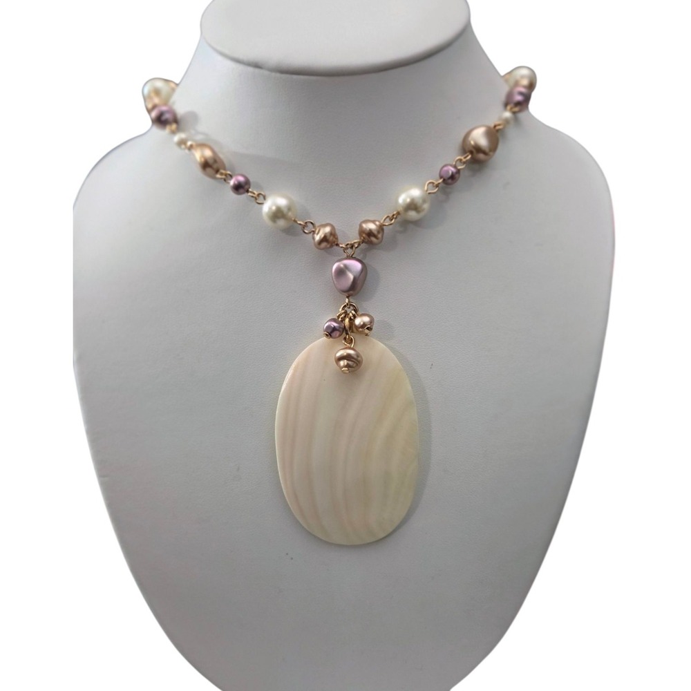 Vintage NRQ Avon Faux Pearl Pastel Gold Tone Chain Shell Pendant‎ Necklace 21"